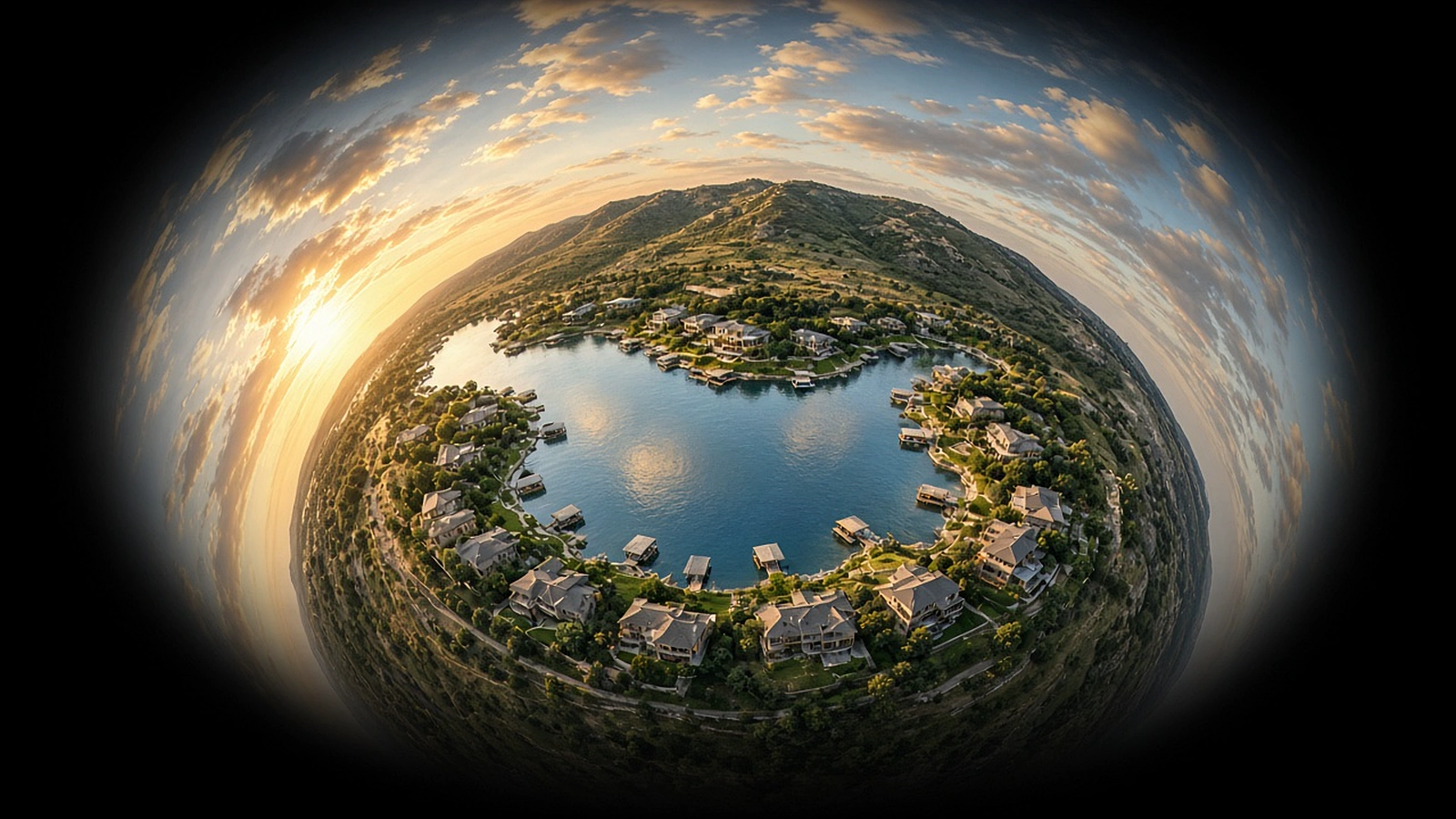 Spherical 360-degree aerial panorama of a lakeside neighborhood curving into a small planet at golden hour