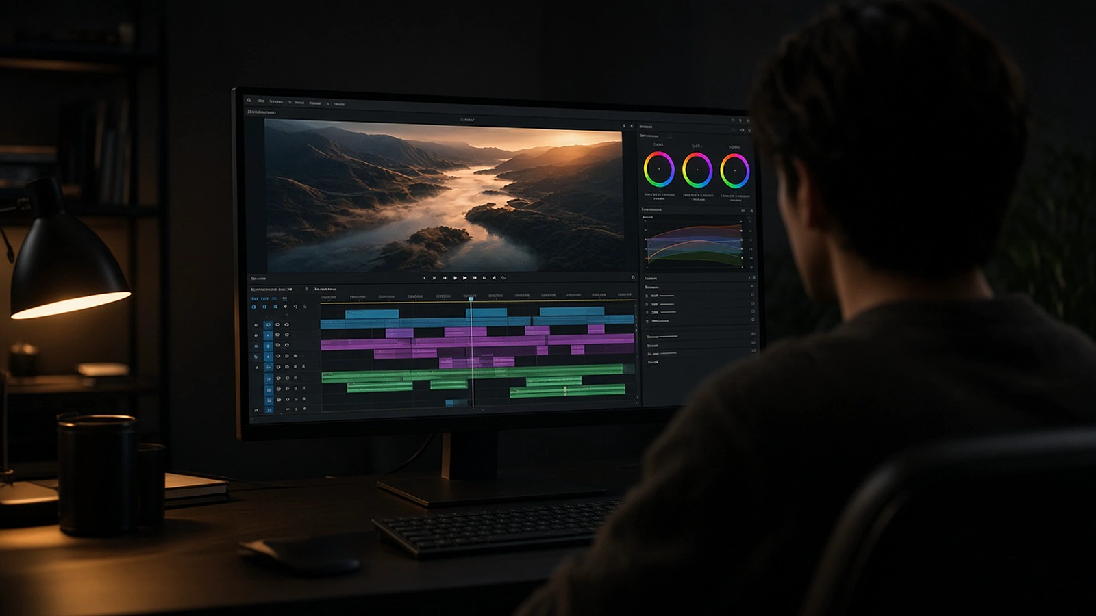 Over-the-shoulder view of an editor color grading an aerial landscape shot on a large monitor in a dark studio