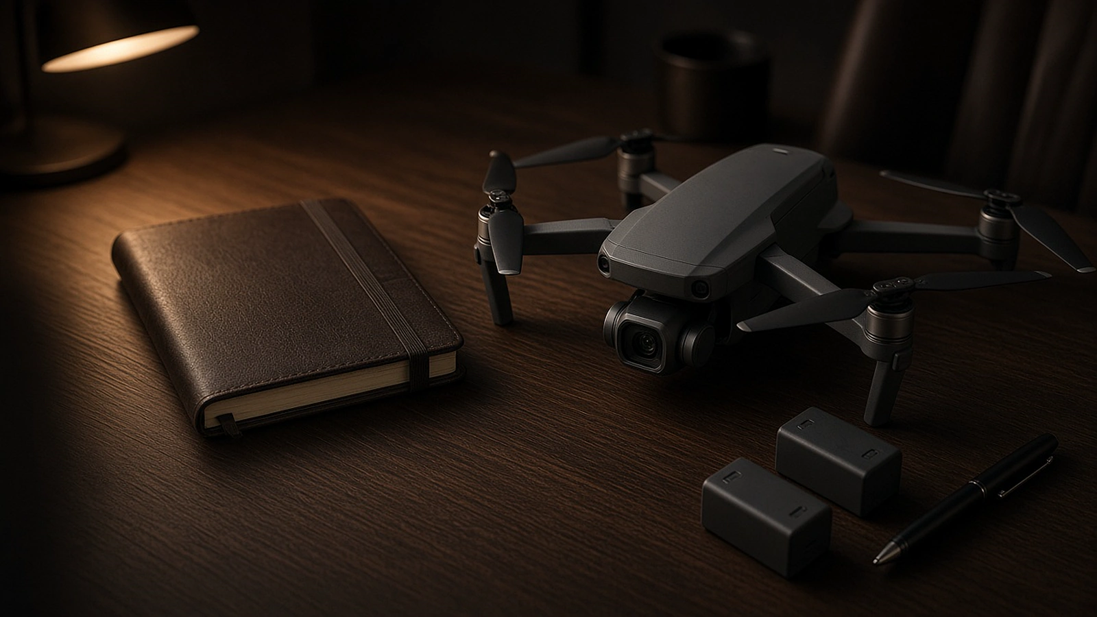Professional camera drone on a dark walnut desk beside a leather notebook and spare batteries under warm lamp light