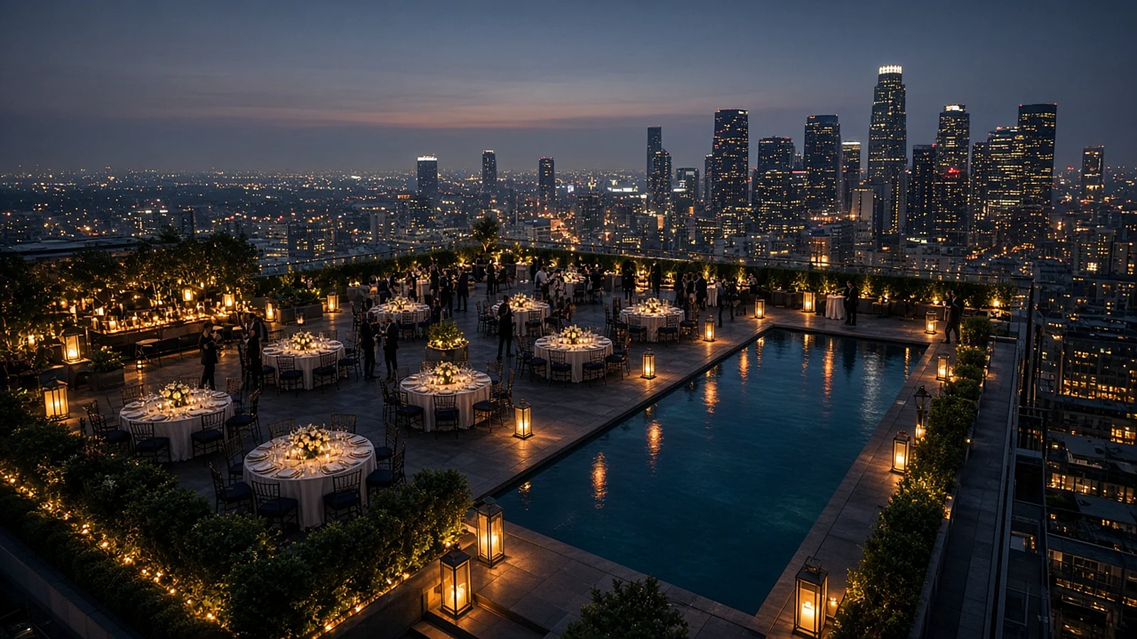 Aerial view at dusk of a rooftop gala with lantern-lit tables and a pool against a downtown skyline