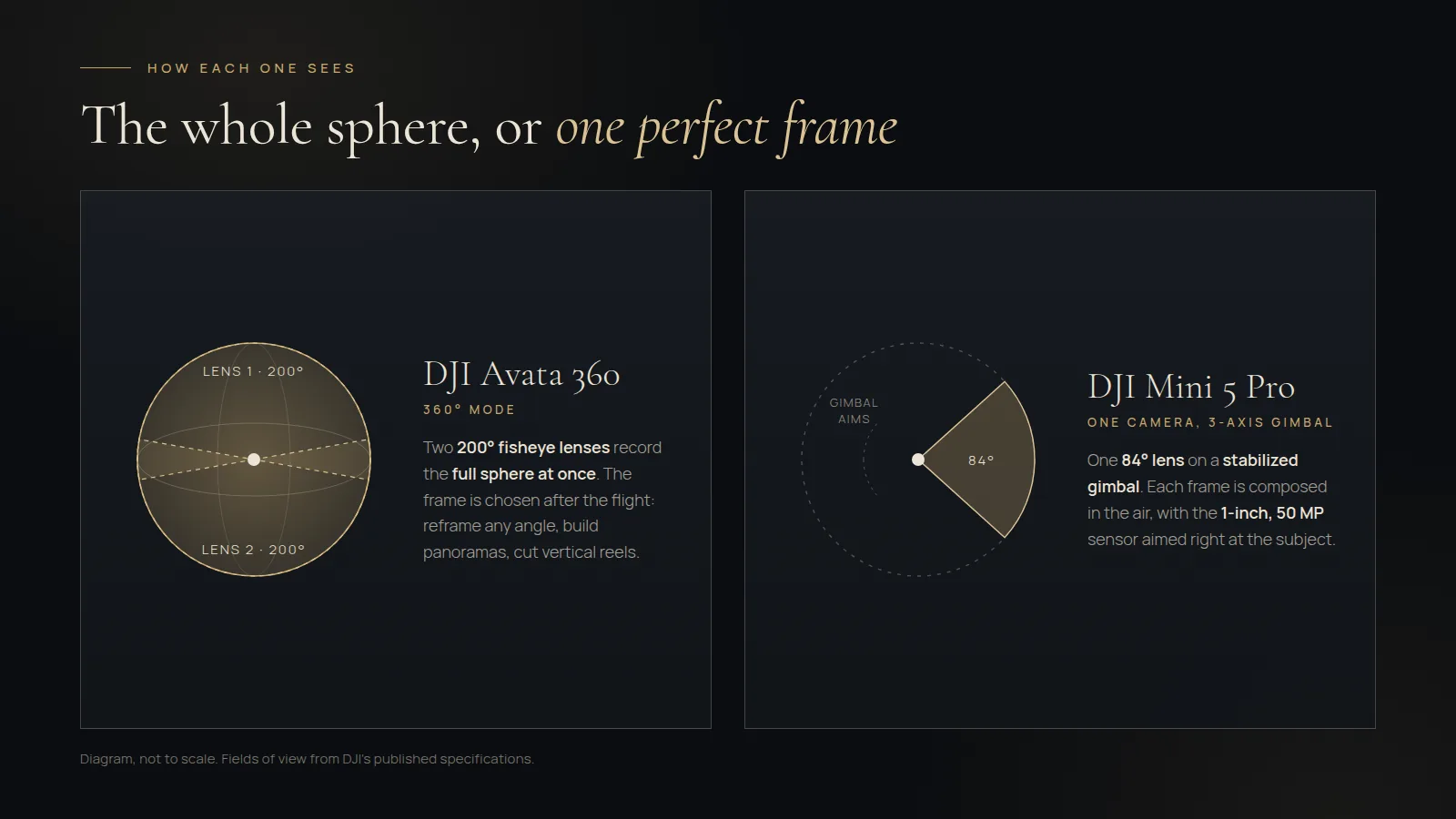 Diagram comparing how each drone sees: the Avata 360's two 200-degree lenses cover the full sphere, while the Mini 5 Pro's single 84-degree lens on a gimbal frames one view