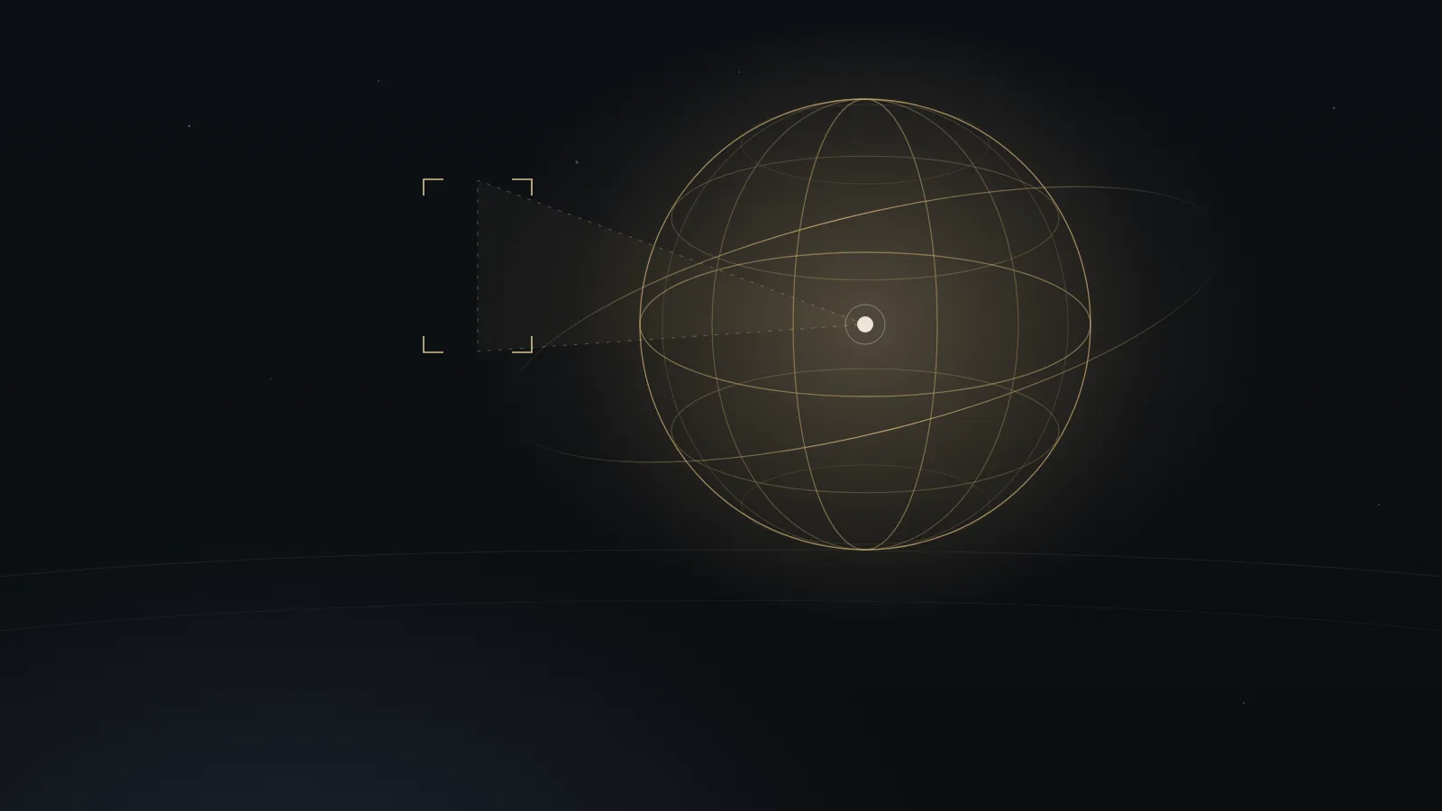 Abstract gold wireframe sphere on a dark background, with a single framed field of view extending from its center