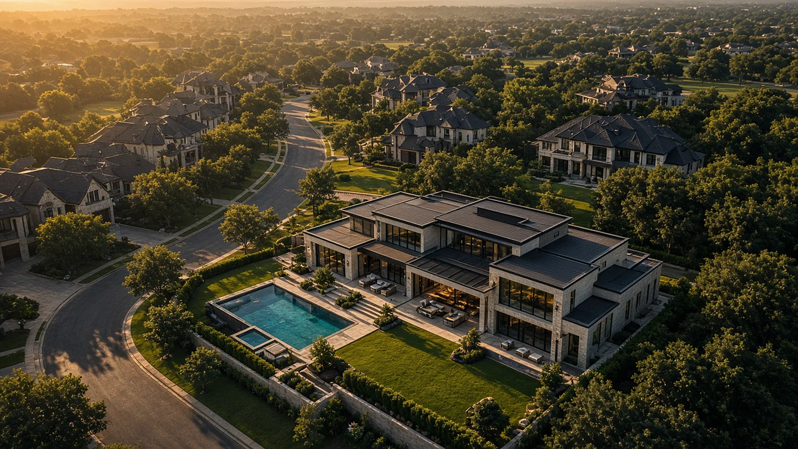 Aerial view at golden hour of a contemporary stone home with a pool in a tree-lined North Texas neighborhood