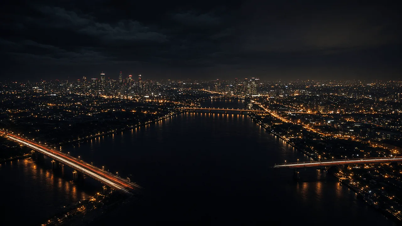 A night aerial view of a city skyline and river, with light trails on the bridges