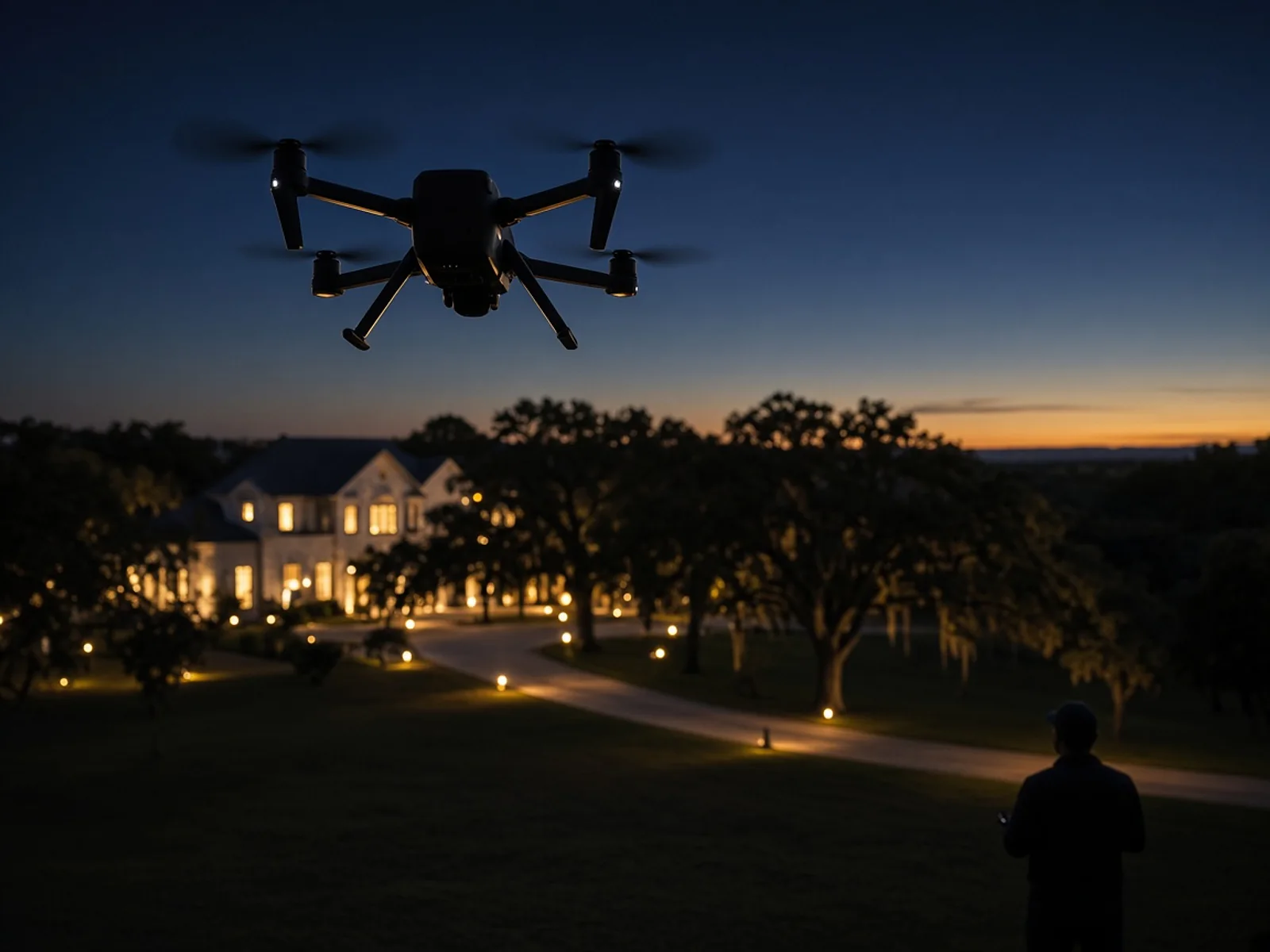 A quadcopter hovering above the lit drive of a stone estate at dusk while a silhouetted pilot watches from the lawn