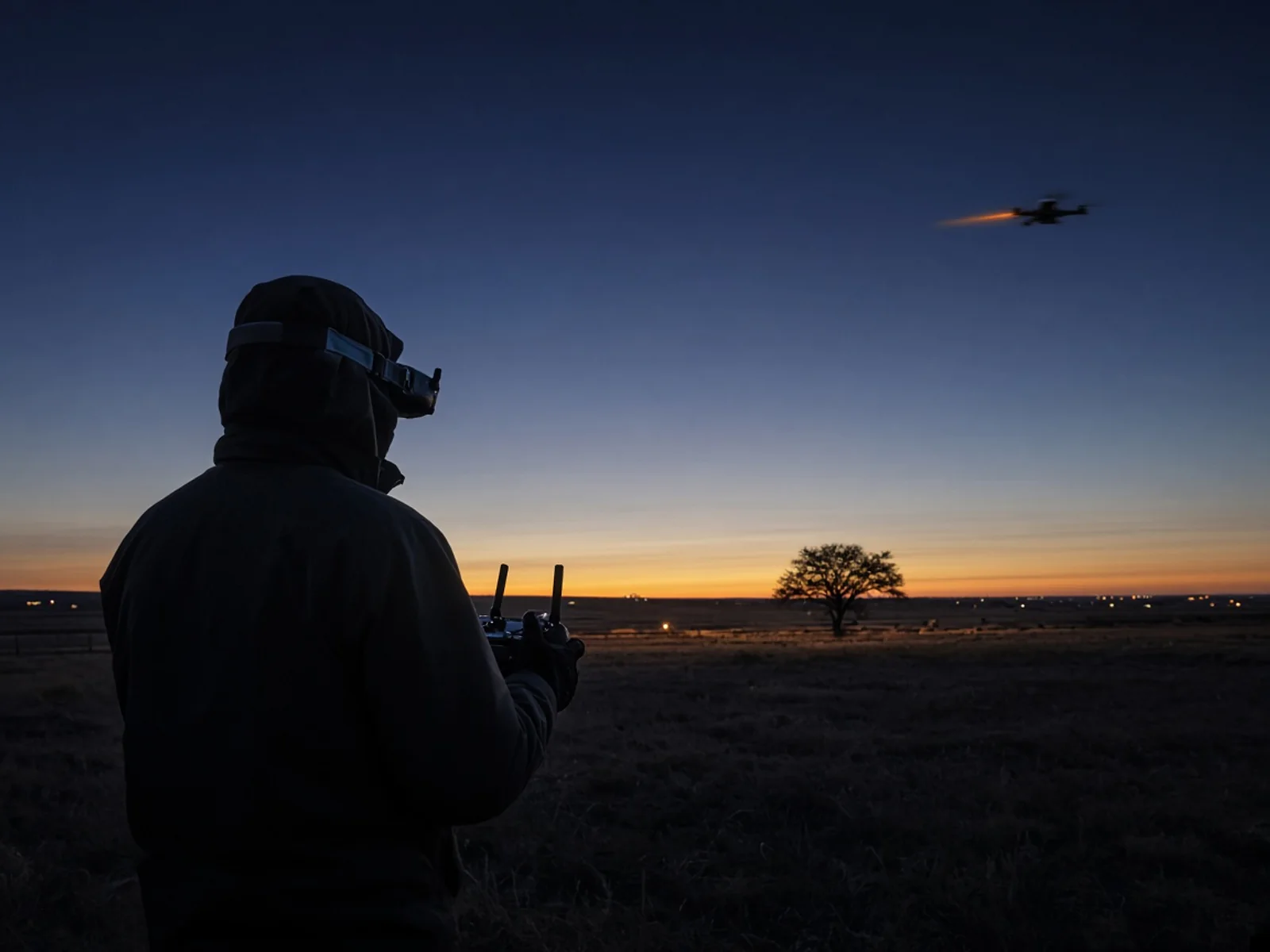 A hooded pilot wearing FPV goggles, seen from behind, guiding a drone across a North Texas prairie at blue hour