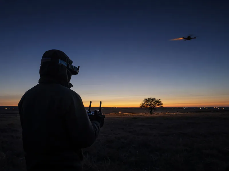 A hooded pilot wearing FPV goggles, seen from behind, guiding a drone across a North Texas prairie at blue hour