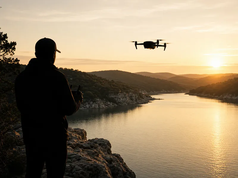 A drone pilot seen from behind in silhouette on a limestone ledge, flying a quadcopter over a Hill Country lake at golden hour