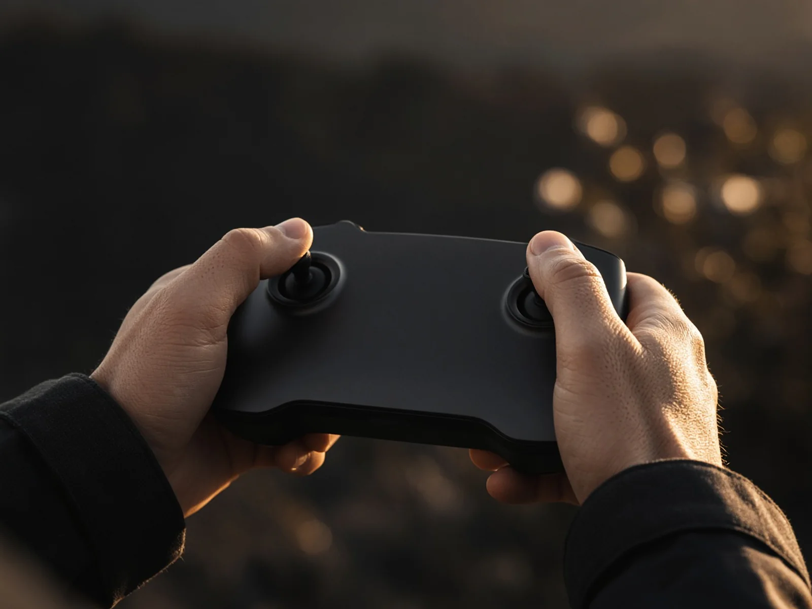 Close-up of a pilot's hands working the control sticks of a drone remote in warm evening light